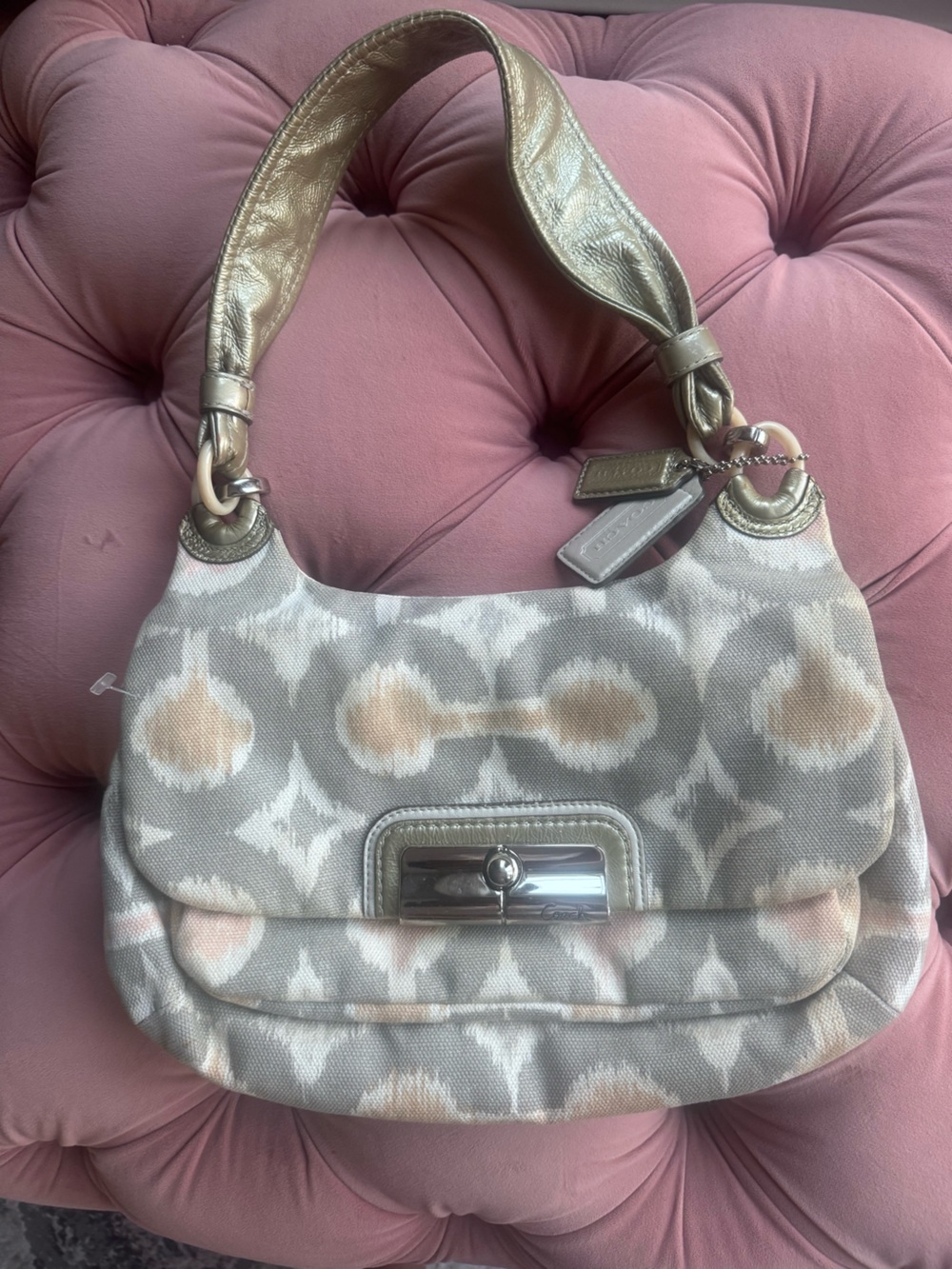 Coach Neutral Ikat-Pattern Shoulder Bag in Gray and Beige
